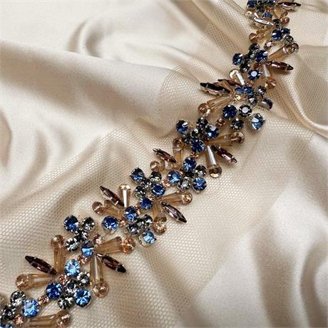 Fine Beige and Blue Hand Beaded Indian Trimming Image 1